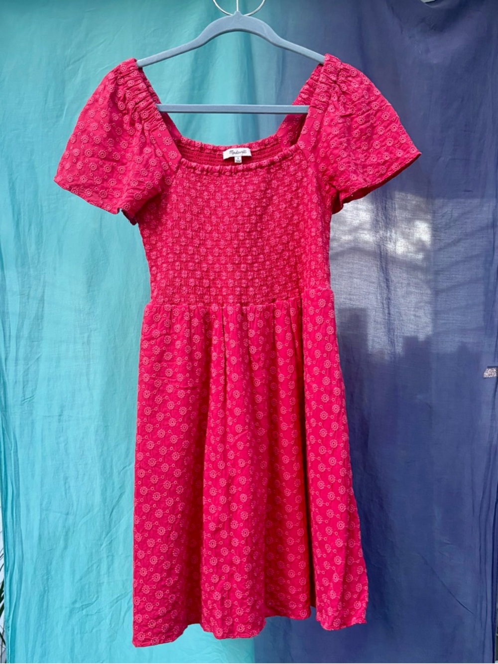 Madewell Eyelet Lucie Smocked Mini Dress in Americana Red 🍒🌸🍓🩷🪭🎀 Lined + Pockets